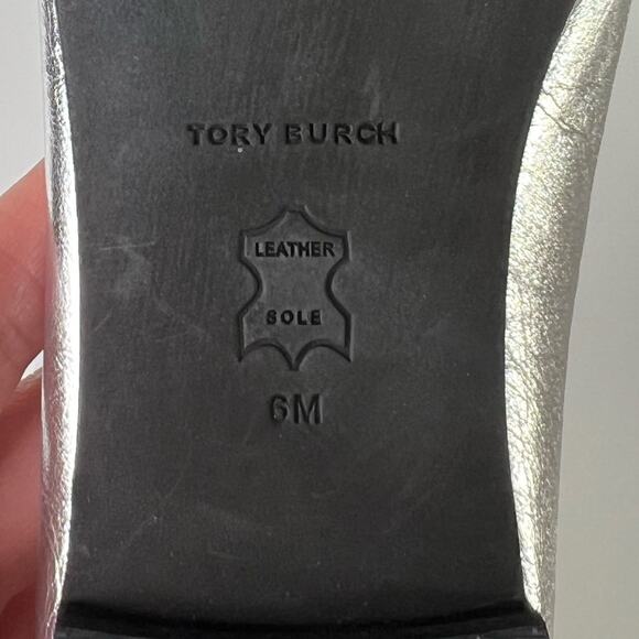 Tory Burch Leather Silver Black Cap Toe Double T Bow Ballet Flats 6 - Picture 9 of 10